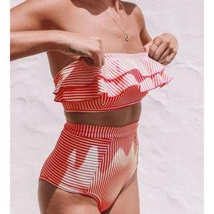 Shein High Waisted Striped Ruffle Bandeau Bikini - Two Piece Swimsuit